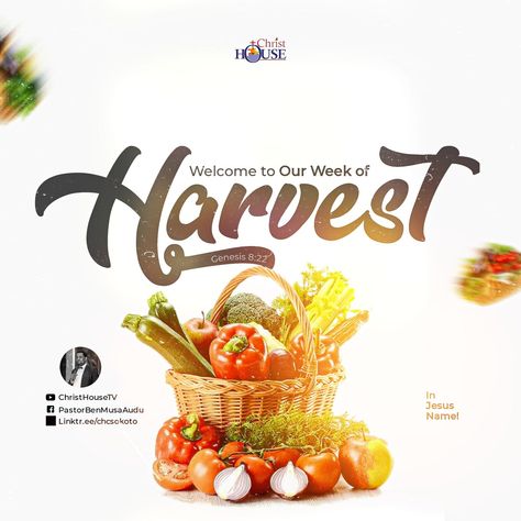 Pastor Ben Musa Church Harvest Flyer Design, Harvest Flyer Design, Harvest Background, Harvest Church, Beauty Salon Posters, Christian Graphic Design, Church Backgrounds, Church Media Design, Beautiful Business Card