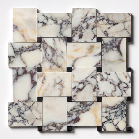 Calacatta Picasso, Iris Black Honed Pinwheel Marble Mosaic 10 5/8x10 5/8 Calacatta Viola Marble Bathroom, Black And Marble Bathroom, Bathroom Interior Design Luxury Black, Tumbled Marble Tile, Natural Tile, Marble Subway Tiles, Pearl Tile, White Ceramic Tiles, Mosaic Tile Backsplash