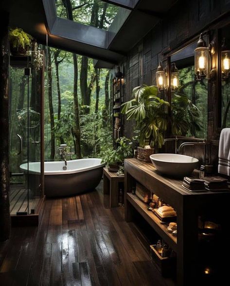 Sustainable Interiors - Bathroom Interiors - Interior design Jungle Bathroom, Dark Green Bathrooms, Jungle House, Dark Bathrooms, Bathroom Retreat, Inspire Me Home Decor, Green Bathroom, Forest House, Dream House Interior