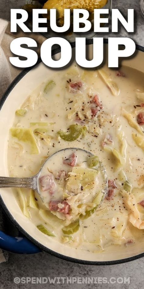 This yummy Reuben soup recipe has all the great taste of a Reuben sandwich, and is carb free to boot! Shredded cabbage, corned beef, and sauerkraut are cooked with caraway seeds, mustard, and other seasonings in a creamy broth with shredded Swiss. For non-keto diets, toss in potatoes, or serve with bread or croutons. Add tomatoes for flavor. Works great as a slow-cooked crock pot meal. #reubensoup #spendwithpennies #reubensouwithcabbage #reubensouprecipe Reuben Soup Recipe, Corned Beef And Sauerkraut, Reuben Soup, Corned Beef Soup, Sauerkraut Soup, Shredded Cabbage, Corned Beef Recipes, Reuben Sandwich, Homemade Soup Recipe