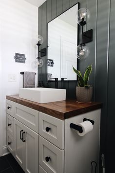 Wood Countertop Bathroom, Wood Bathroom Countertop, Wood Countertop, Hall Bathroom, Bathroom Counters, Bathroom Countertop, Downstairs Bathroom, Bathroom Countertops, Upstairs Bathrooms