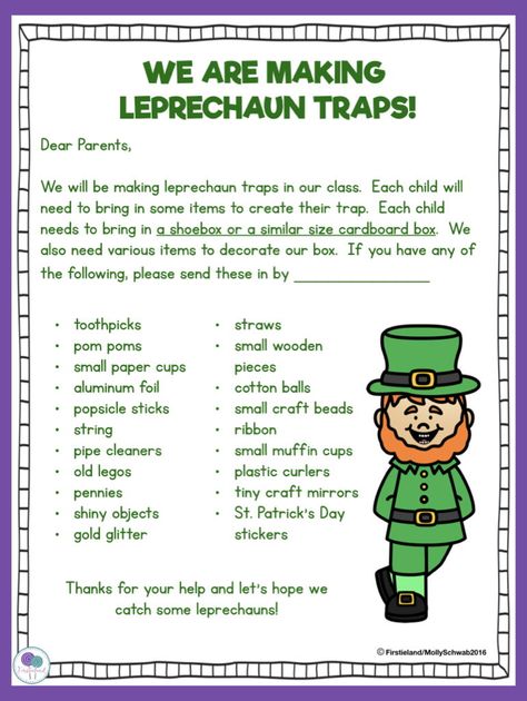 Are you building leprechaun traps with your students? Click to grab this FREE letter that includes everything you need to build your traps. Leprechaun Trap Letter To Parents, Japan Activities For Kids, Easy Leprechaun Trap, Leprechaun Trap Ideas, Leprechaun Trap Project, Cbt Therapy Worksheets, Activities For Elementary Kids, Spring Classroom Activities, Japan Activities