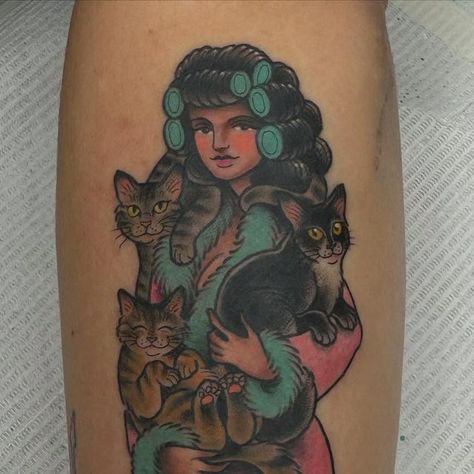 Anna Wall on Instagram: "Cat lady with cats styled to match her IRL kitties 🐱🐱🐱 Thanks, Ashley! #annawalltattoo #fistfullofmetaltattoo #pinuptattoo #catladytattoo #cattattoo #cattoo #seattletattoo" Pink Cat Tattoo, Cat Lady Tattoo, Cat Portrait Tattoos, Seattle Tattoo, Cats Tattoo, L Tattoo, Pin Up Tattoos, Three Cats, Wall Tattoo