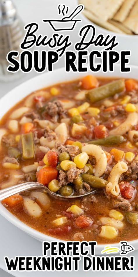 Easy Stovetop Soup, Busy Day Soup Recipes, Lazy Day Soup, Cheap Soup, Soup Hamburger, Busy Day Soup, Beef Soups, Dinner Soup Recipes, Yummy Noodles