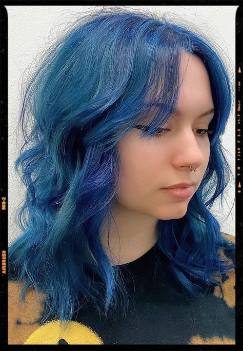 Wolf Cut Hair Blue Hair Curtain Bangs, Blue Hair Wolf Cut, Blue Hair Layers, Purple Wolf Cut, Dyed Hairstyles, Wolf Hair, Wolf Cut Hair, App Filter, Butterfly Haircut