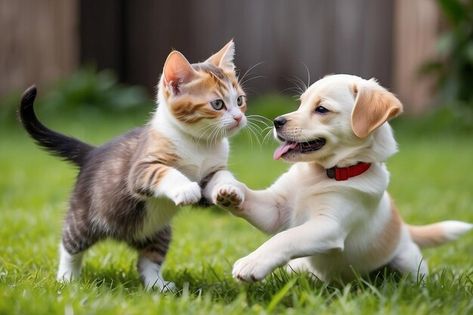 Dogs Cats Together, Cute Puppy Photos, Puppy And Kitten, Cute Puppy Pictures, Puppy Photos, Puppy Pictures, Dog And Cat, Cat Playing, One Pic