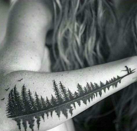 Tree tattoo                                                                                                                                                     More Sound Wave Tattoo, Dr Tattoo, Tattoo Wave, Outdoor Tattoo, Forest Tattoo, Tree Tattoos, Cool Tattoo, Handpoke Tattoo, Forest Tattoos