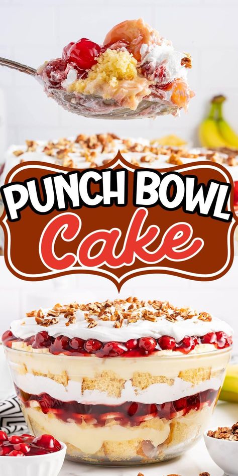 Punch Bowl Cake Recipe Easy, Punchbowl Cakes, Cherry Trifle Desserts, Punch Bowl Cake Recipe, Brunch Christmas, Summertime Desserts, Cherry Fluff, Trifle Bowl Recipes, Dessert For A Crowd