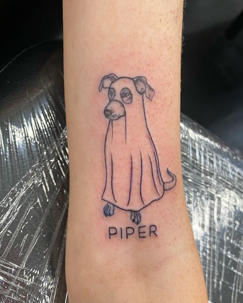 Shout out to one of the sweetest girls I met while tattooing at @theretrocowgirlboutique ‘s pop-up event last month! • She drew this of @daviddistortion and me, and I loved it so much I had to post it! • Swipe to see the cute little ghost puppy I tattooed on her for her dog, Piper! • • Artist: @cherish.velazquez987 • • • • • • • • #ghosttattoo #spookytattoo #spookytattoos #spookyszn #halloweentattoo #halloweentattoos #rickandmortymemes #rickandmortytattoo #dogtattoos #dogtattoo #fortworthtat... Ghost Horse Tattoo, Tattoos For Passed Dogs, Ghost Dog Tattoo, Spouse Tattoos, Ghost Horse, Rick And Morty Tattoo, Dog Ghost, Ghost Tattoo, Spooky Tattoos