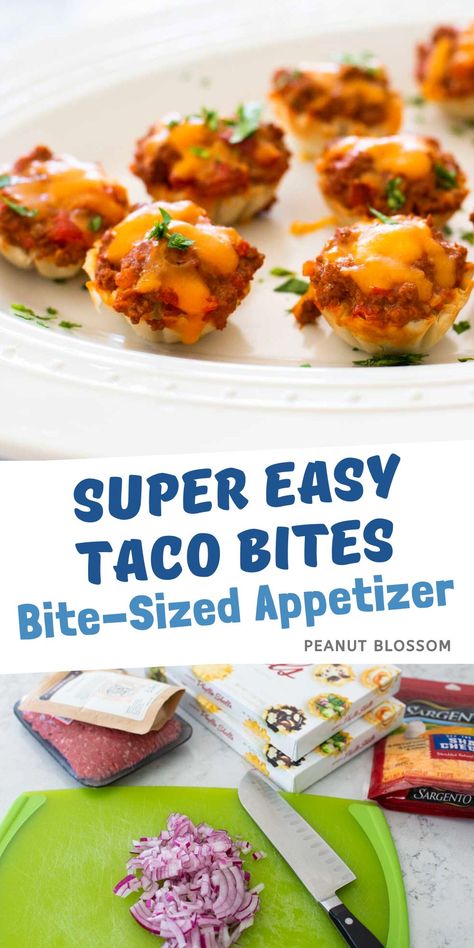 This is the easiest taco bites recipe ever because it uses prepared phyllo cups and an easy beef taco filling. Prep it ahead of time and bake just before serving for a mess-free appetizer. Mini Taco Appetizer, Phyllo Cup Appetizers, Cup Appetizers, Guy Food, Taco Appetizers, Taco Bites, Taco Filling, Peanut Gallery, Taco Cups