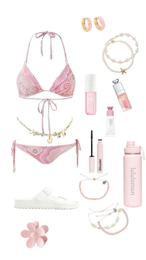 Polyvore Beach Bikinis, Holiday Outfits Summer Beach Bikinis, Holiday Fits Summer, Swimsuit Inspo Summer, Fancy Beach Outfit, Holiday Outfits Summer Beach, Summer Outfits For The Beach, Pink Beach Outfit, Beach Outfit Inspo Summer