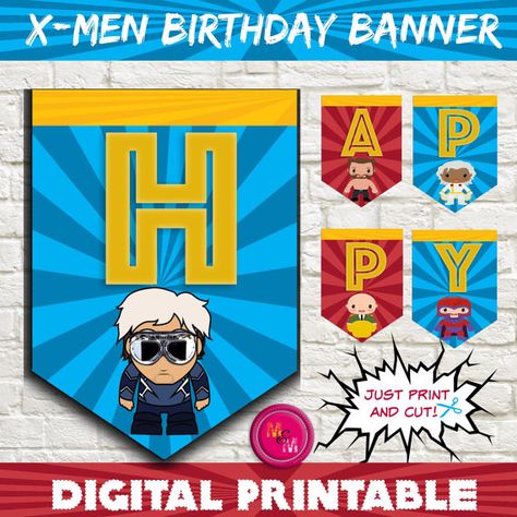 X-men Apocalypse Banner X-men Happy Birthday by MugandMouseDesigns X Men Birthday, Superhero Banner, Diy Party Favor Boxes, Superhero Cupcake Toppers, Printable Gift Bags, Favor Boxes Birthday, Happy Birthday Cards Printable, Gift Bags Diy, Banner Birthday