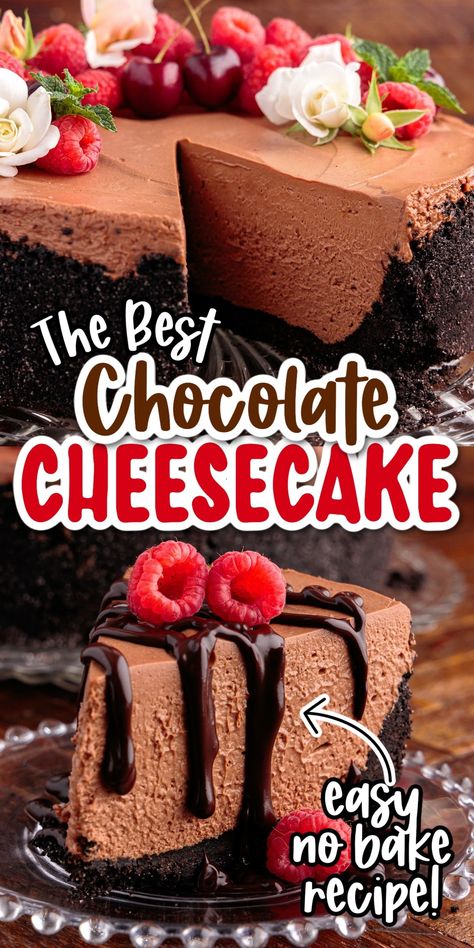 ​This delicious chocolate cheesecake has a creamy chocolate cheesecake filling and sits on a crunchy graham cracker crust, that is easy prep, and uses 9 simple ingredients. Best Chocolate Cheesecake, Easy Chocolate Cheesecake, Cheesecake Recipes Easy Homemade, Graham Cracker Crust Recipe, Chocolate Graham Cracker Crust, Cheese Cake Filling, Creamy Chocolate Cheesecake, Triple Chocolate Cheesecake, No Bake Chocolate Cheesecake