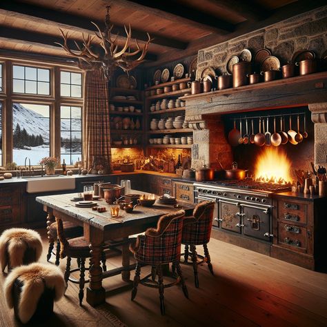 Experience a cozy cabin kitchen with a rustic wooden table, plaid chairs, a stone fireplace, and antique wood cabinets. Enjoy the winter view while cozying up in a reading nook by a faux fur rug. #CozyCabinKitchen #RusticWood #Fireplace #WinterCabin #ReadingNook #FauxFurRug Rustic Kitchen With Fireplace, Cozy Cabin In The Woods Interiors, Winter Cabin Kitchen, Cabins In The Woods Interior, Cozy Cabin Kitchen, Mountain Inspiration, Chalet Kitchen, Log Cabin Kitchen, Kitchen With Fireplace