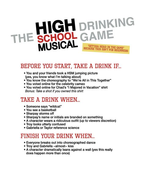 High School Musical Drinking Game, Movies With Drinking Games, High School Musical Movie Night, Disney Movie Drinking Games, Drinking Games For Movies, Disney Drinking Game, Drink When Games Movies, High School Musical Bachelorette Party, Movie Drinking Games Netflix Hilarious