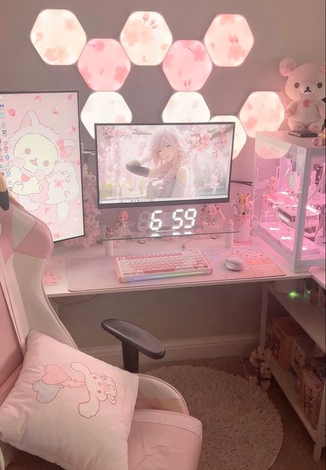 Pink Gaming Setup Ideas, Pink Set Up, Kawaii Desk Setup, White Gaming Setup, Room Ideas Gaming, Cute Gaming Setup, Kawaii Setup, Pink Futuristic, Pink Gaming Setup