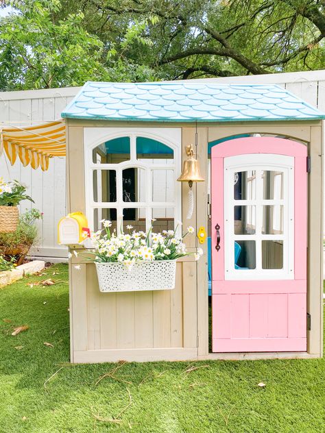 Painted Outdoor Playhouse, Kidkraft Garden View Playhouse Makeover, Playhouse Accessories Outdoor, Colorful Playhouse, Kids Playground Design, Playhouse Ideas Outdoor, Kids Playhouse Ideas, Kidkraft Playhouse Makeover, Ikea Kids Playroom