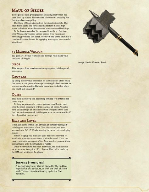 Maul of Sieges by Watson_203 Maul Dnd, Homebrew 5e, 5e Items, Homebrew Items, Dnd Homebrew, Dnd Items, Magical Items, Dungeons And Dragons 5e, D D Items