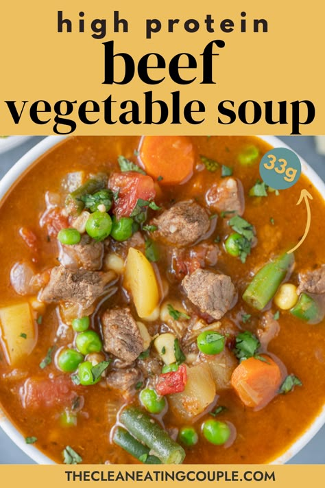 High Protein Beef Vegetable Soup can be made in your instant pot, crock pot or on the stove top for an easy healthy dinner! Healthy Beef Vegetable Soup Crock Pot, Low Calorie Vegetable Beef Soup, Bone Broth Vegetable Soup Recipes, Keto Beef Vegetable Soup Recipe, Healthy Beef Vegetable Soup, Gluten Free Vegetable Beef Soup, Insta Pot Beef And Vegetable Soup, Vegetable Soup Crock Pot Healthy, Vegetable Beef Soup Recipes Crockpot