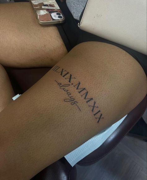 Short Writing Tattoo, I Did It My Way Tattoo, Thigh Tattoos Women Writing, Heaven Sent Tattoo, Leg Tattoo Ideas Female, Thigh Script Tattoo, Perspective Tattoos, Names Tattoo, Tattoo On Foot