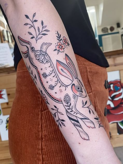 American Traditional Folk Tattoo, Traditional Hip Tattoo, Desert Flower Tattoo, Traditional Folk Tattoo, Traditional Forearm Tattoo, Folk Art Tattoos, Folk Tattoos, Woodland Tattoo, Mandala Chest Tattoo