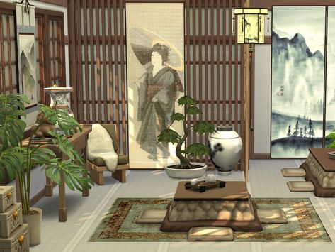 Traditional Japanese Living Room, Japan Room, Asian Room, Japan Decor, Asian House, Summer Living Room, Traditional Tea, Japanese Room, Tumblr Sims 4