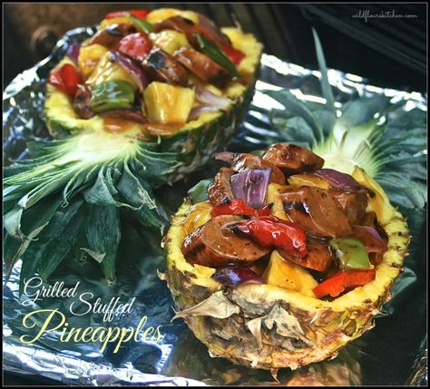 Grilled Stuffed Pineapple with Sausage, Peppers, Red Onion,  Sweet 'n Sour Poppy Seed Sauce - Wildflour's Cottage Kitchen Pineapple On The Grill, Pineapple Sausage, Stuffed Pineapple, Grilled Italian Sausage, Pineapple Boats, Snack List, Hawaiian Foods, Supper Tonight, Sausage Peppers