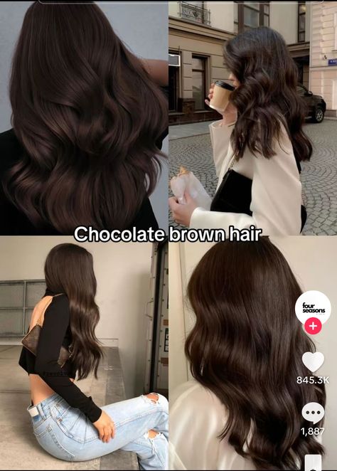 Dark Brown Hair Color Inspiration, Hershey Chocolate Hair Color, Dark Brown Solid Hair Color, What Color Hair For Brown Eyes, Hair Color Ideas Dark Brown Highlights, Soft Chocolate Hair Color, Long Dark Brown Wavy Hair Natural, Glazed Chocolate Brown Hair, Chocolate Brown Hair Inspiration