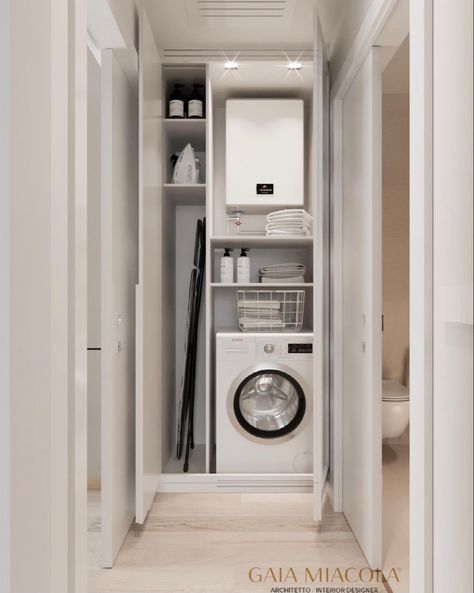 Micro Laundry Room, Laundry In Balcony Ideas, Tiny Bathroom Laundry, Washing Machine Cabinet Ideas, Laundry Room Dimensions, Gaia Miacola, Bathroom Inspo Interior Design, Laundry Cupboard, Small Utility Room