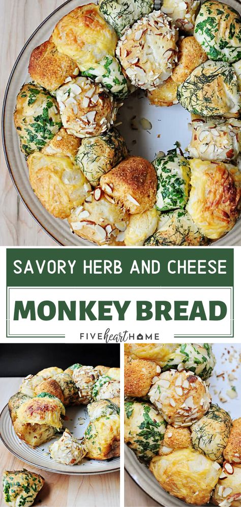 A must-make, quick and easy Easter side dish! Savory Herb & Cheese Monkey Bread is a fun, festive take on dinner rolls. Refrigerated biscuits are dipped in garlic butter then coated in herbs and cheese for a special and mouthwatering Easter dinner! Pin this for later! Cheese Monkey Bread, Garlic Monkey Bread, Easter Dinner Sides, Easter Side Dish, Savory Monkey Bread, Easy Monkey Bread, Yummy Bread, Easter Side Dishes, Easter Dishes