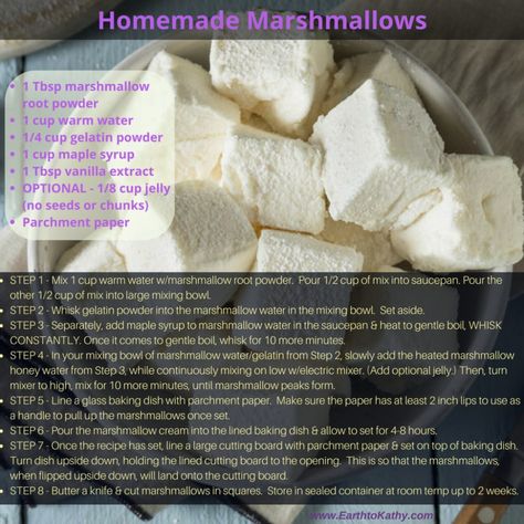 How to Make Homemade Marshmallows Using Marshmallow Root Powder – Earth to Kathy Marshmallow Root Marshmallows, Herbal Marshmallows, Marshmallow Root Benefits, Root Recipes, Marshmallow Plant, Marshmallow Root Powder, Homemade Marshmallow Recipe, Marshmallow Recipe, Botanical Kitchen