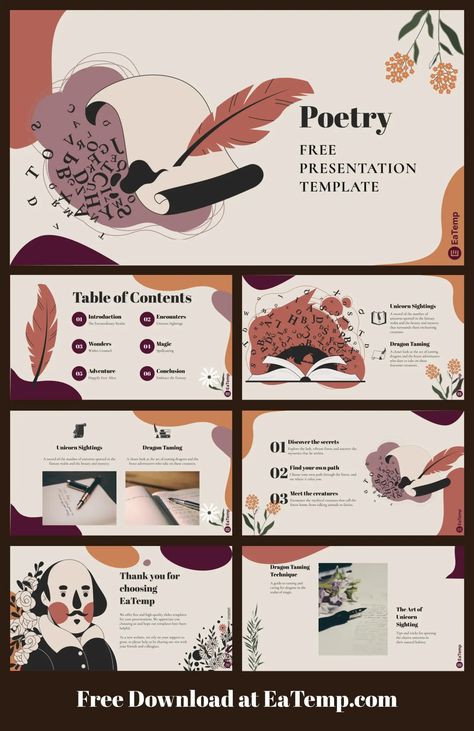 Poetry PowerPoint Presentation Template - Free PowerPoint Templates, Google Slides, Figma Deck And Resume Power Point Templates Aesthetic, Ppt Themes, Free Ppt Template, Free Powerpoint Templates, Thank You Images, Google Slides Theme, Cultural Identity, Google Slides Themes, Template Google