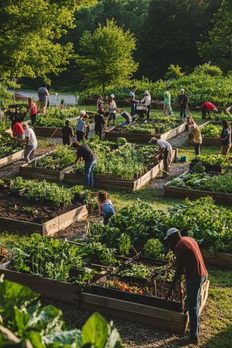 Community Garden Design Architecture, Community Green Space, Community Garden Design Layout, Community Garden Aesthetic, Community Garden Architecture, Community Allotment, Community Garden Design, Commune Living, Community Sustainability