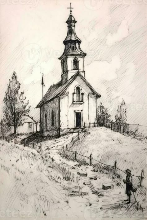 Small bell tower with a bell of a country Orthodox church, Generative AI Orthodox Drawing, Churches Drawing, Tempietto Drawing, Chapel Drawing, Gothic Church Drawing, Old Church Drawing, Speyer Cathedral Drawing, Church Drawing, Roman Church