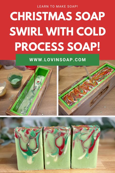 This soap recipe and tutorial will show you how to make this beautiful handmade, cold process Christmas soap with a gold mica swirl. For this holiday soap design, I simply wanted to do a green and red swirl….but with a little bit of something extra. I decided to add a gold mica/oil swirl on top for some added interest! I LOVE the way it came out. I used a blend of rosemary and peppermint essential oils, but you can use your favorite slow-moving fragrance or essential oil blend. Milk Soap Recipe, Easy Soap Recipes, Diy Soap Recipe, Soap Design, Peppermint Soap, Soap Display, Handmade Soap Recipes, Cold Process Soap Recipes, Holiday Soap