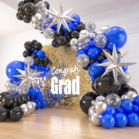 PRICES MAY VARY. PACKAGE INCLUDES : Black and blue balloons arch kit different size pack contains 141pcs in total, 3pcs starburst foil balloons, 4pcs x 18inch balloons(2pcs royal blue, 2pcs black), 40pcs x 12inch balloons(10pcs royal blue, 10pcs black, 10pcs metallic silver, 10pcs silver confetti balloons), 30pcs x 10inch balloons (10pcs royal blue, 10pcs black, 10pcs metallic silver), 60pcs x 5inch balloons(20pcs royal blue, 20pcs black, 20pcs metallic silver), 4pcs balloon tools. TIME-SAVING P Royal Blue And Silver Balloon Garland, Royal Blue Silver Black And White Decorations, Blue And Black Balloons, Sixteen Wishes, Royal Blue Decor, Grad Party Theme, Blue Graduation Party, Blue Party Decorations, Balloons Arch