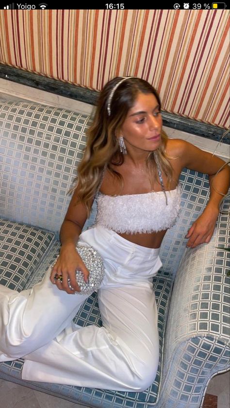 White Hen Outfit Ideas, Two Piece Bachelorette Outfit, All White Vegas Outfit, Vegas Bridal Outfit, White Dresses Bachelorette Party, Bachlorette White Outfits, White Disco Outfit Bachelorette, Sparkly White Bachelorette Outfit, Bride Bachelorette Outfit Vegas