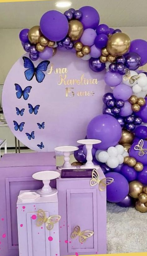 Purple Birthday Party Decorations, Purple Birthday Decorations, Birthday Celebration Ideas, 15th Birthday Decorations, Butterfly Birthday Party Decorations, Golden Birthday Parties, Purple Cakes Birthday, Baby First Birthday Cake, Simple Birthday Decorations