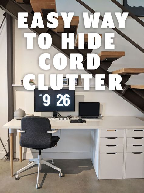 Easy way to hide computer cords and cables at your home office. Simple DIY project that hides the clutter. Hide Cables Desk Home Office, How To Hide Computer Cords On Desk, Desk Cord Organization, Hide Computer Cords, Hiding Cords, Hide Electrical Cords, Ikea Computer Desk, Hide Router, Ikea Alex Desk