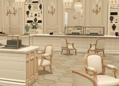 La Bijouterie, by bbygyal123 & lijoue ♡ | Patreon Sims 4 Bbygyal, Sims 4 Chair, Ts4 Lots, Dior Store, 4 Family, Sims 4 Family, Sims Ideas, Sims Building, Sims 4 Dresses