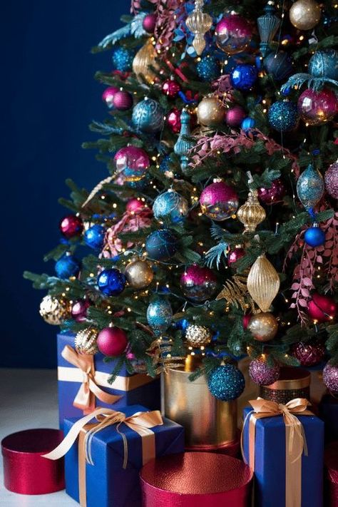 Jewel Tone Palette Colour Schemes, Christmas Color Schemes 2023, Blue Green Red Christmas Tree, Blue Red And Green Christmas Tree, Blue Advent Wreath, Christmas Themed Decorations, Colours That Go With Black, Jewel Toned Christmas Tree, Jewel Tone Christmas Decor