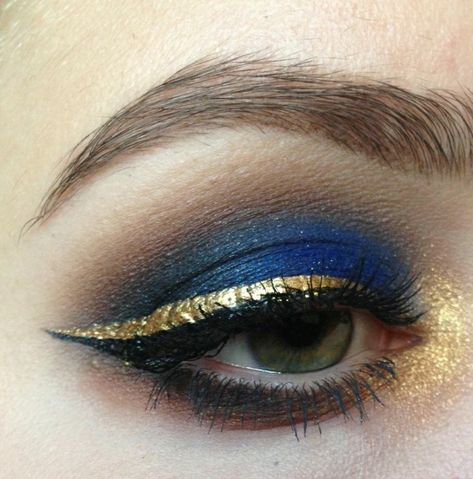 Dark Blue Gold Makeup, Gold And Navy Blue Makeup Looks, Blue And Gold Cheer Makeup, Dark Blue And Gold Eye Makeup, Navy Gold Eye Makeup, Navy And Gold Eyeshadow, Gold Blue Eye Makeup, Navy And Gold Eye Makeup, Gold Blue Eyeshadow