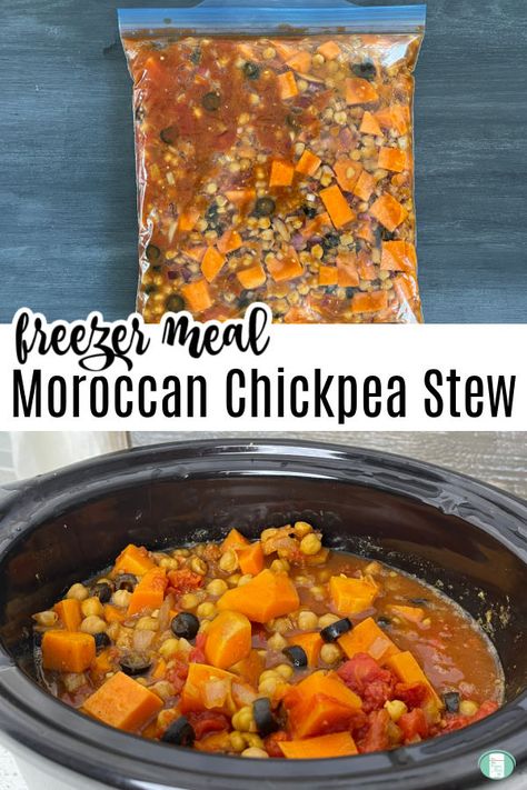 Freezer Friendly Moroccan Chickpea Stew - Freezer Meals 101 Meatless Freezer Meals, Sweet Potato Chickpea Curry, Vegan Freezer Meals, Moroccan Stew, Vegetarian Freezer Meals, Pre Made Meals, Vegetarian Stew, Best Freezer Meals, Fresh Eats