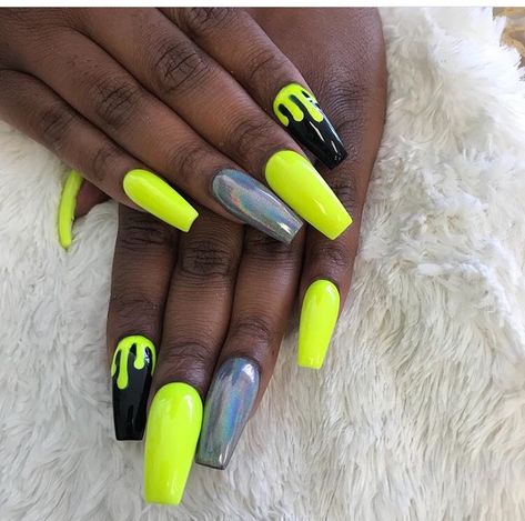 Acrylic coffin shaped nails  Shellac  Neon yellow and black Neon Nail Art Designs, Coffin Shaped Nails, Rave Nails, Wedding Nail Polish, Neon Yellow Nails, Nails Shellac, Yellow Nail Art, Shaped Nails, Coffin Shape Nails