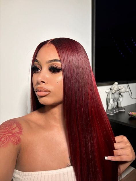 Bangs Hairstyles Color, Burgundy With Red Highlights, Burgundy Red Balayage, Cherry Red Lace Front Wig, Valentine Day Hairstyles For Black Women, Peekaboo Quick Weave, Red Ponytail Hairstyles For Black Women, Red To Black Hair, Garnet Hair Color