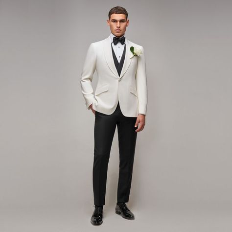 Brent Wilson Made to Measure suiting - model wears three piece tuxedo with a white shawl collar jacket, black waist coat and trouser. Three Piece Tuxedo, Three Piece Suit Mens, Wedding Outfit For Boys, White Wedding Suit, Shawl Collar Jacket, Shawl Collar Tuxedo, White Tux, Wedding Tux, Groom Wedding Attire