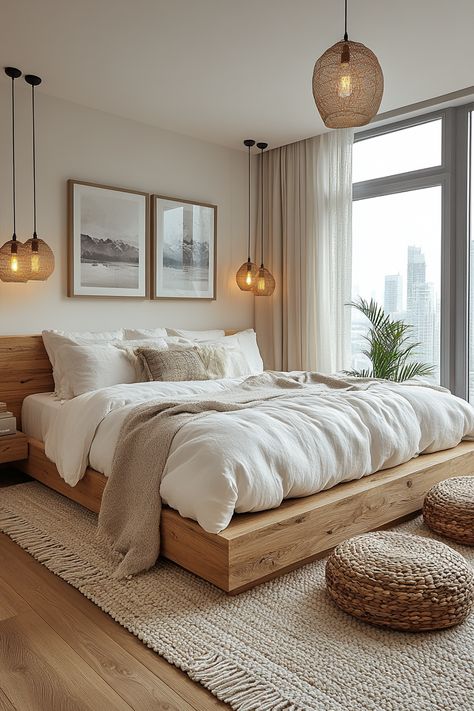 Bedroom Idea White Furniture, Alaskan King Bed Ideas, Boho Room With White Furniture, Light Wood Decor Bedroom, White And Light Wood Furniture, Natural Wood Master Bed, Real Wood Bed Frame, Room Decor Bedroom Wood Furniture, White And Wood Home Decor