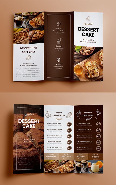 Dessert Menu Trifold Brochure Layout. Buy this stock template and explore similar templates at Adobe Stock | Adobe Stock Leaflets Design Layout, Trifold Menu Design Layout, Brochure Menu Design, Food Brochure Design Creative, Brochure Design Food, Dessert Menu Design Ideas, Brochure Design Layout Templates, Trifold Menu Design, Leaflet Design Layout