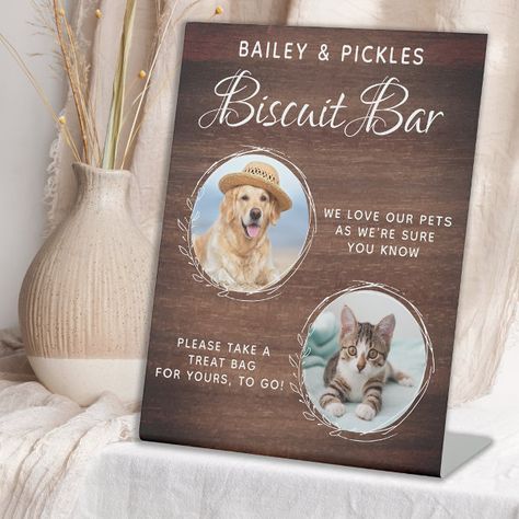 Rustic Pet Wedding Custom Photo Dog Treat Favor Pedestal Sign Dog Treat Wedding, Dog Wedding Bandana, Wedding Favours Sign, Biscuit Bar, Dog Biscuit, Wedding Pets, Favors Sign, Wedding Favor Bags, Save The Date Postcards