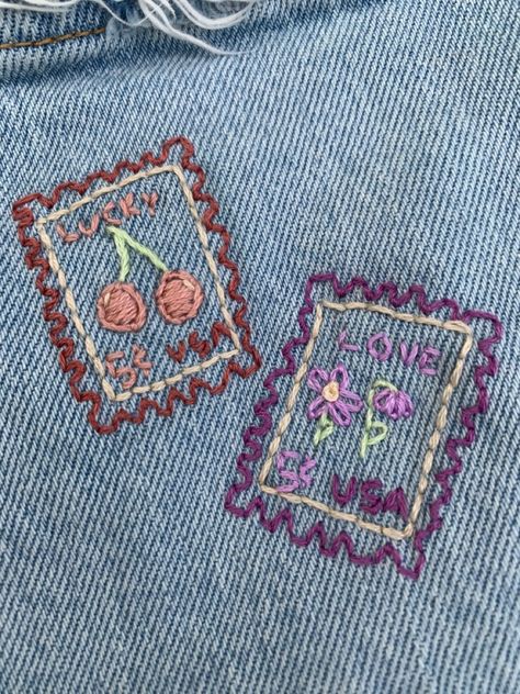 Embroidered Postage Stamp, Denim Pocket Embroidery Design, Scrap Fabric Embroidery, Postage Stamp Embroidery, Things To Make With Thread, Things To Make With Old Clothes, Embroidery Inspo Aesthetic, Funky Embroidery Designs, Pants Embroidery Ideas